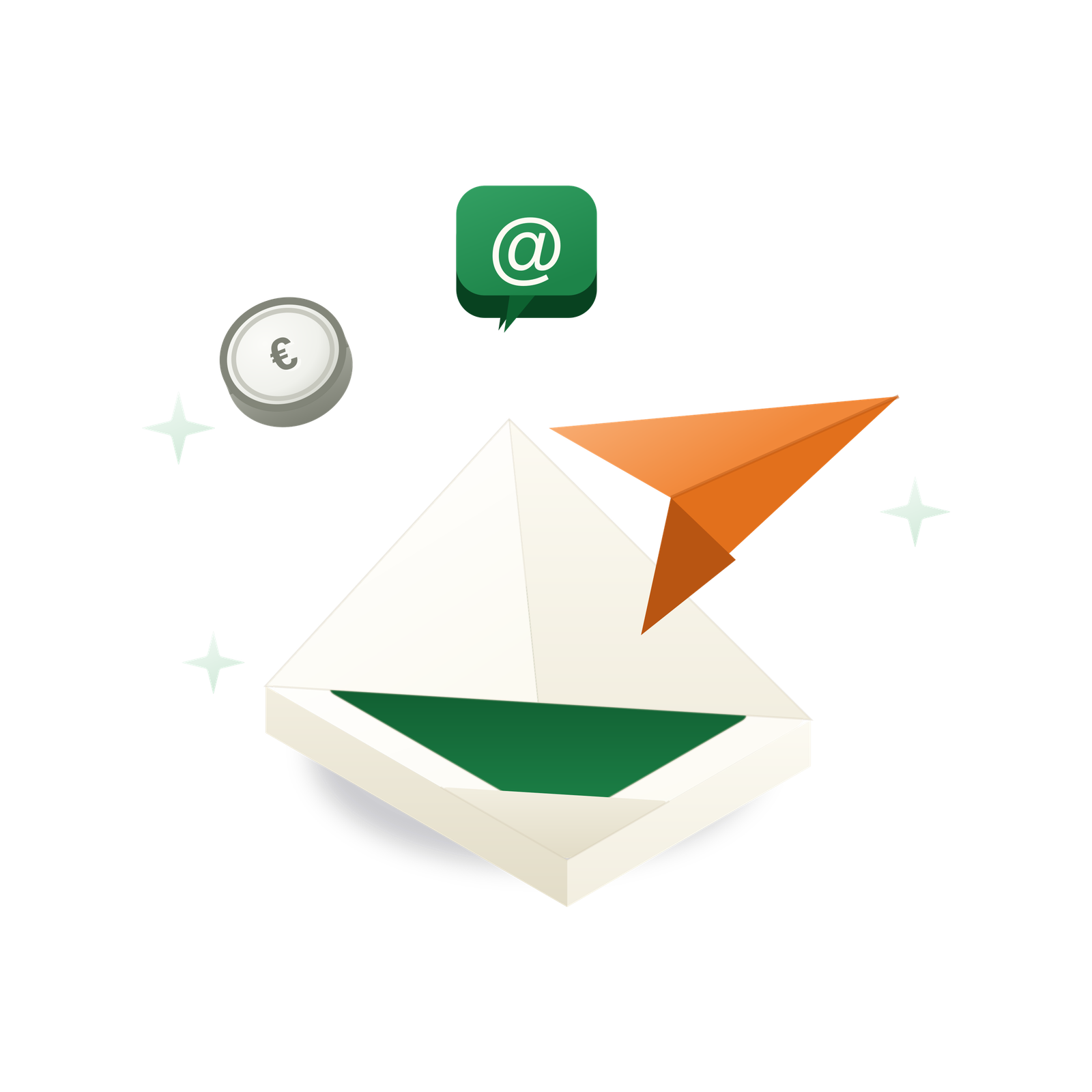 Isometric 3D illustration: an open envelope with an orange paper plane and a green speech chip